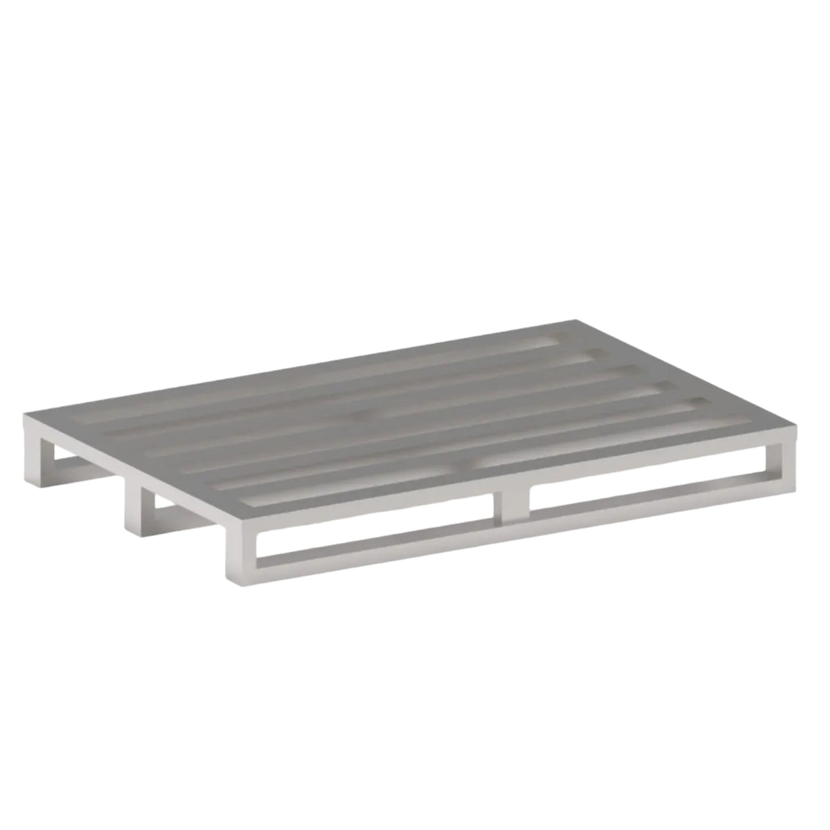 Stainless steel industrial pallet with an open slatted deck and skid supports