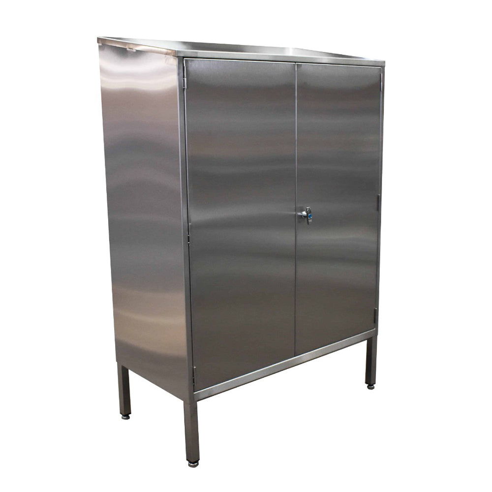 Stainless steel cupboard with garment rail and shelves