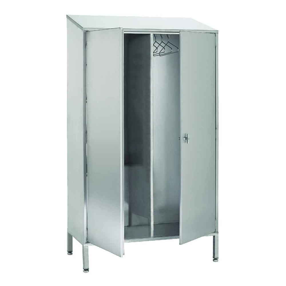 Stainless steel cupboard with garment rail and shelves