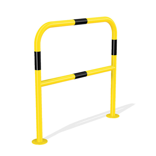 Mild steel black and yellow protection barrier, bolt down with horizontal rail