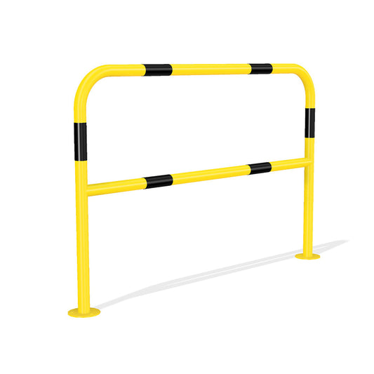 Mild steel black and yellow protection barrier, bolt down with horizontal rail