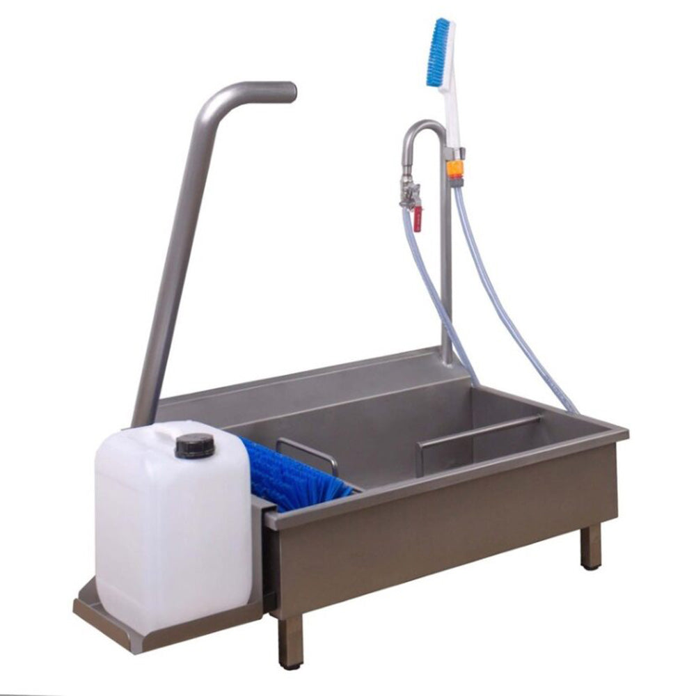 Single station motorised sole washer with handheld brush