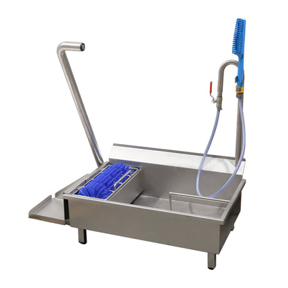 Single station motorised sole washer with handheld brush
