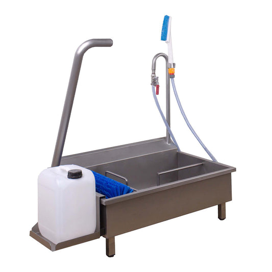 Single station motorised sole washer with handheld brush