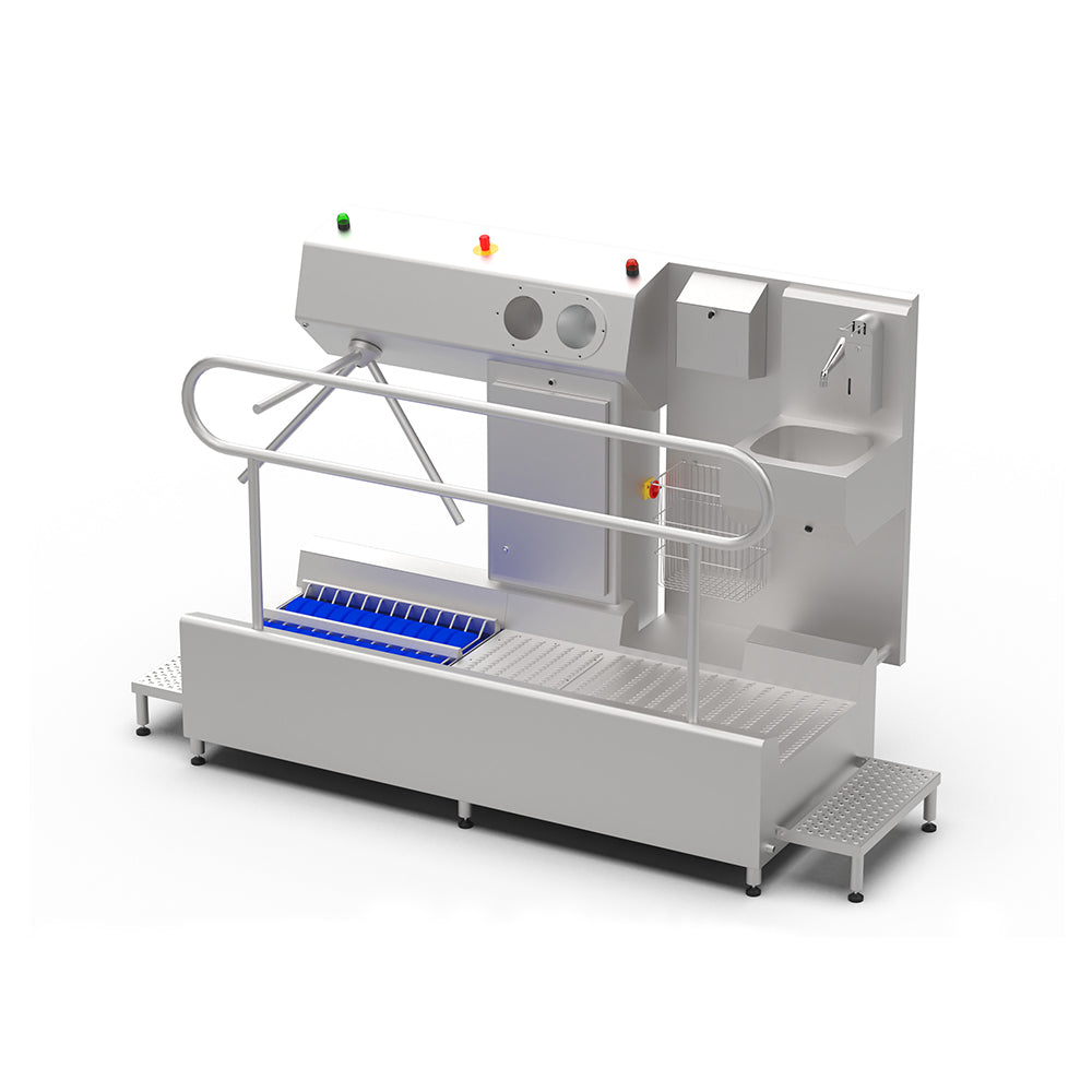 Hygiene station with hand soap, basin, paper towel and sanitisation & a sole washer with a TFT touch panel