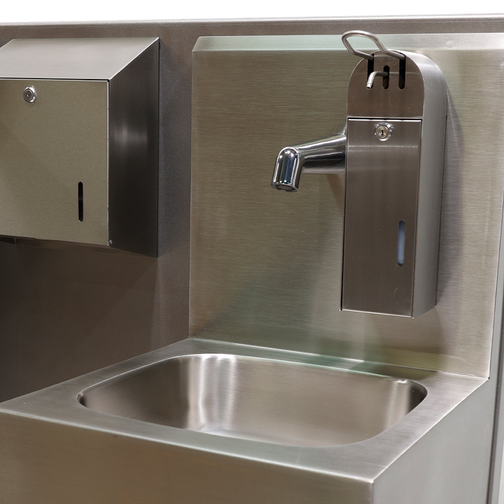 Hygiene station with hand soap, basin, paper towel and sanitisation & a sole washer with a TFT touch panel