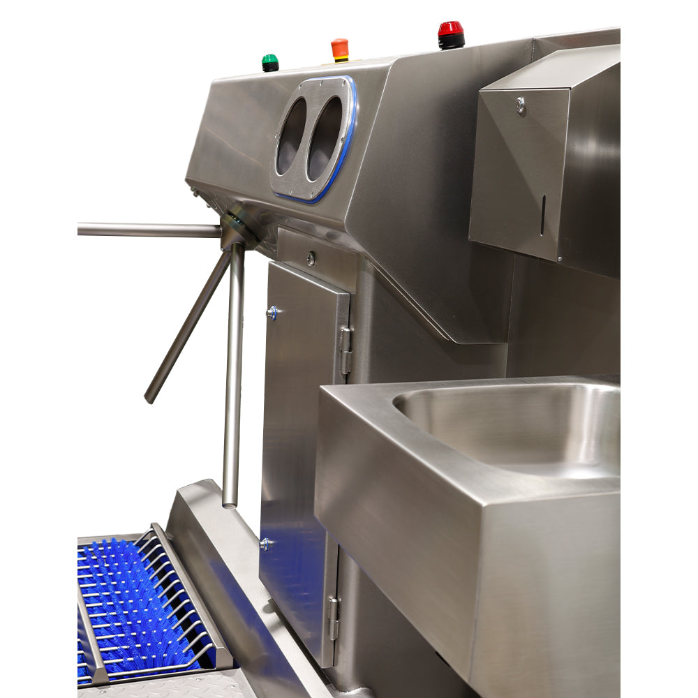 Hygiene station with hand soap, basin, paper towel and sanitisation & a sole washer with a TFT touch panel