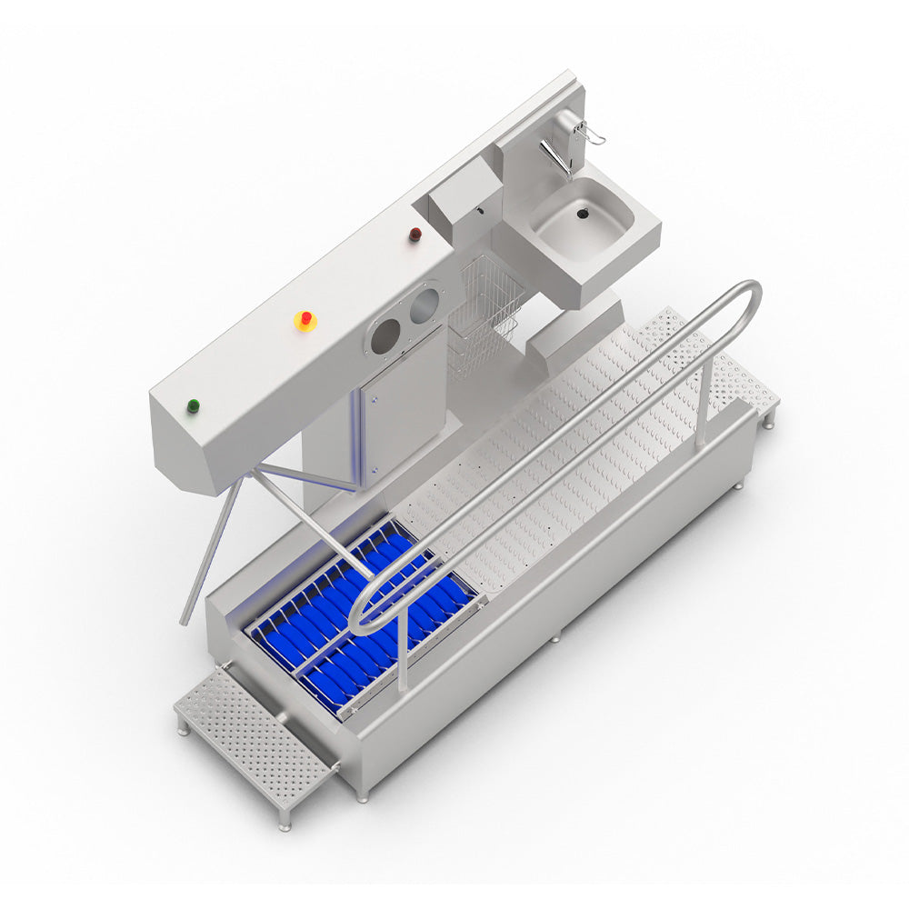 Hygiene station with hand soap, basin, paper towel and sanitisation & a sole washer with a TFT touch panel