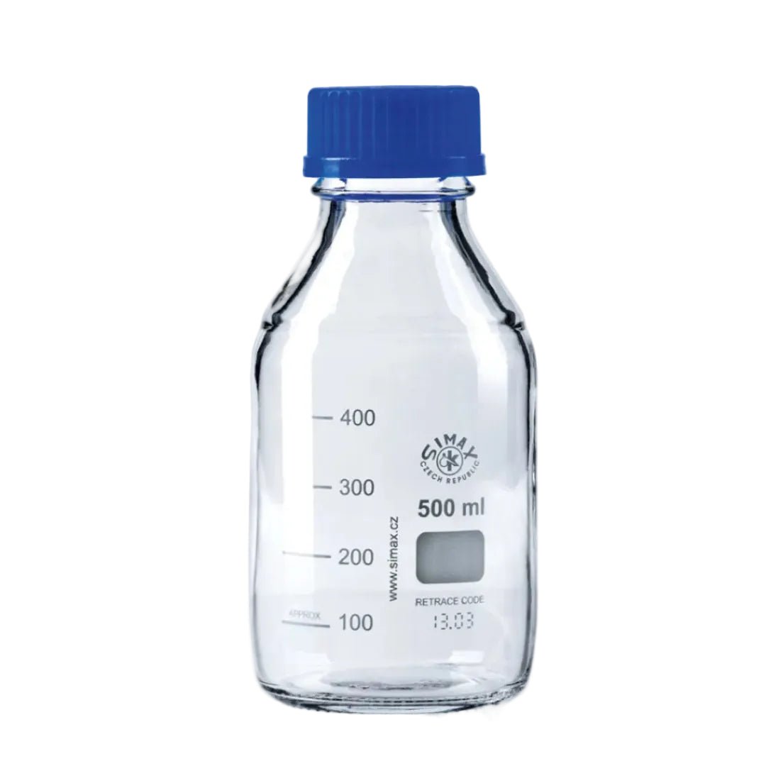 GL45 Glass Reagent and Media Bottles with Blue Screw Caps, Pack of Ten