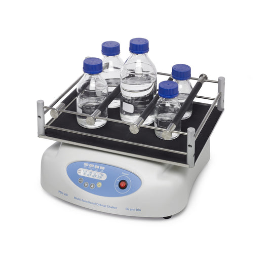 Laboratory shaker with bottles on a white background