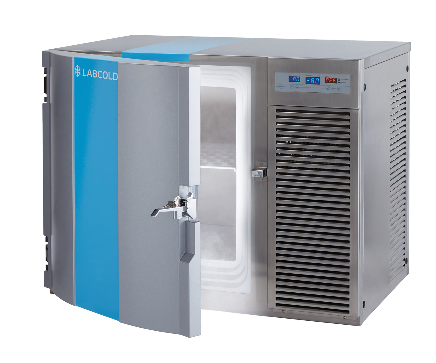 Labcold LULT80100 undercounter -80°C freezer with door open, showing digital temperature display and key lock