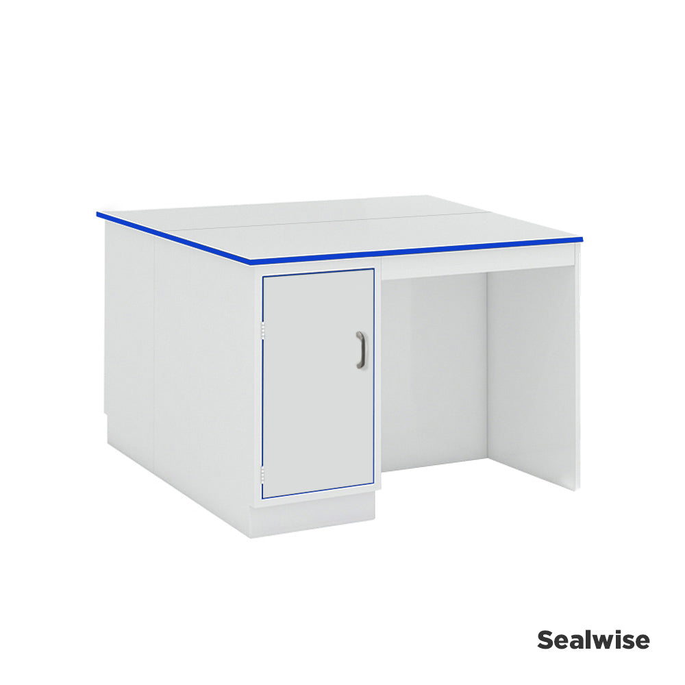 Laboratory island workbench with 2 integrated single-door cupboards