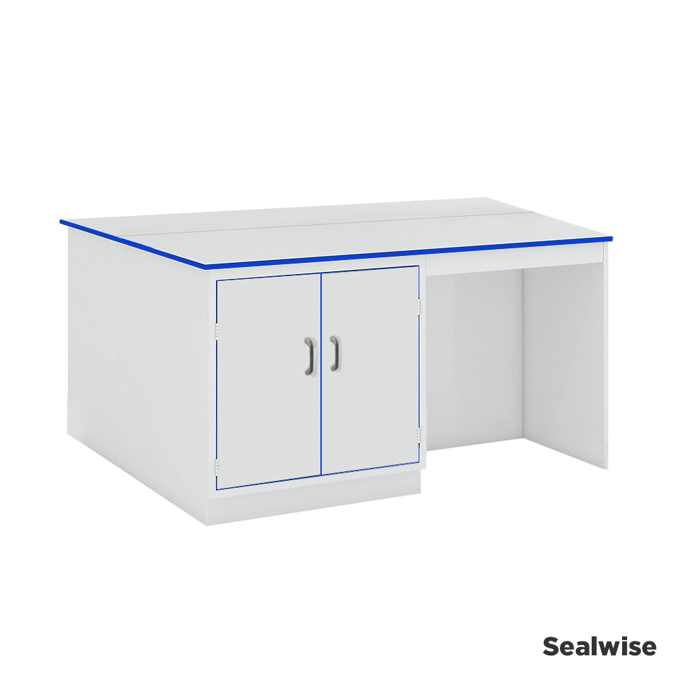 Laboratory island workbench with 2 integrated 2 door cupboards