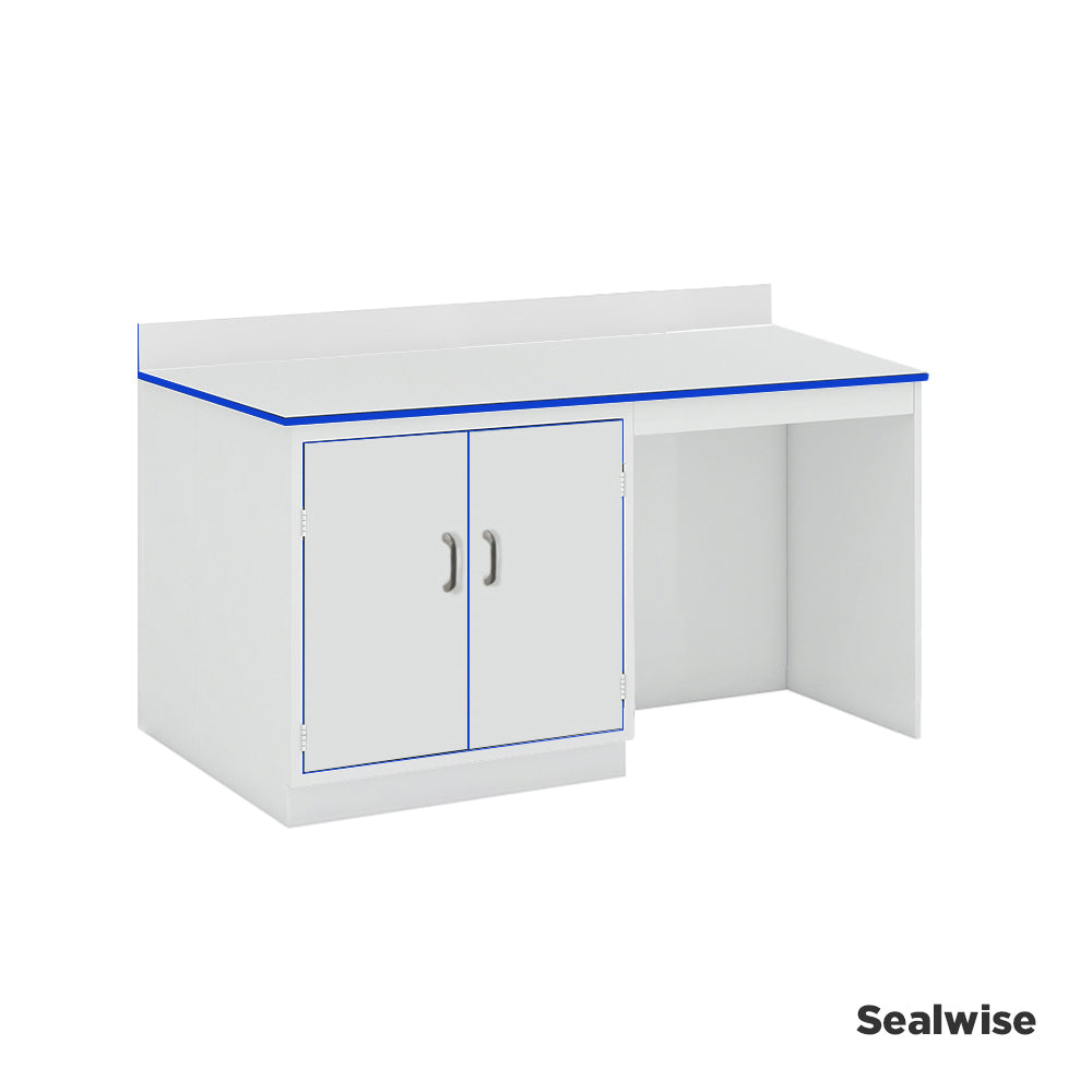 Laboratory side workbench with upstand and integrated 2 door cupboard