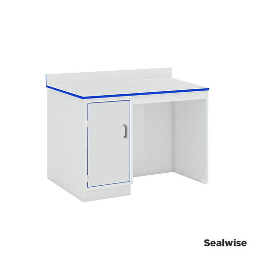 Laboratory side workbench with upstand and integrated single-door cupboard
