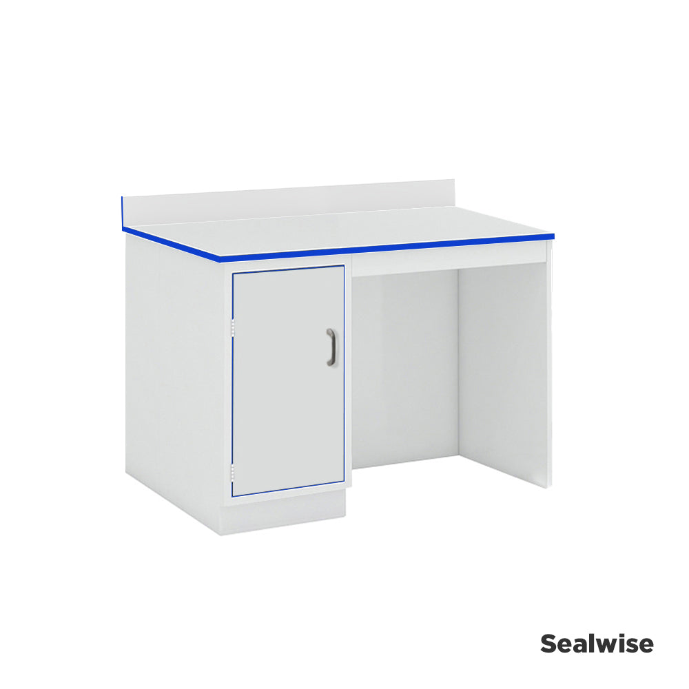 Laboratory side workbench with upstand and integrated single-door cupboard