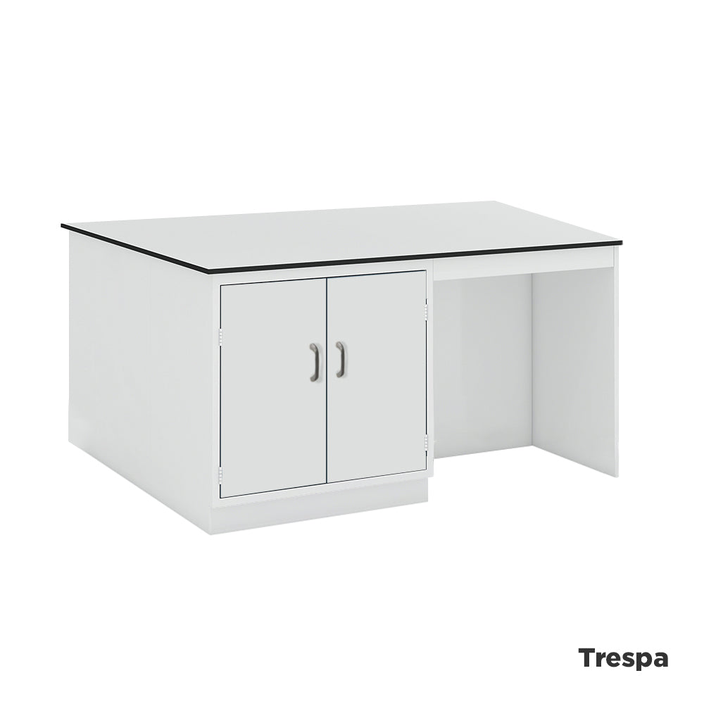 Laboratory island workbench with 2 integrated 2 door cupboards