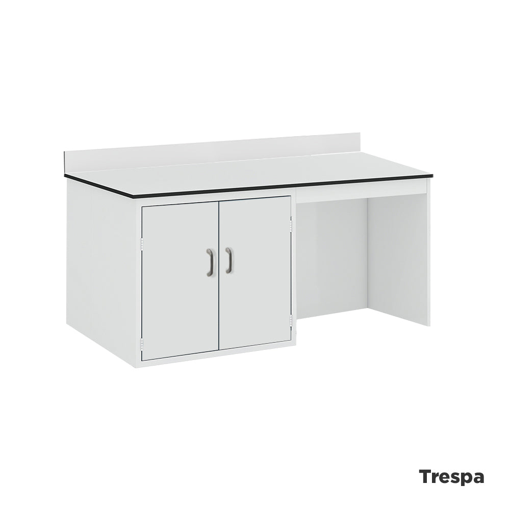 Laboratory side workbench with upstand and integrated 2 door cupboard