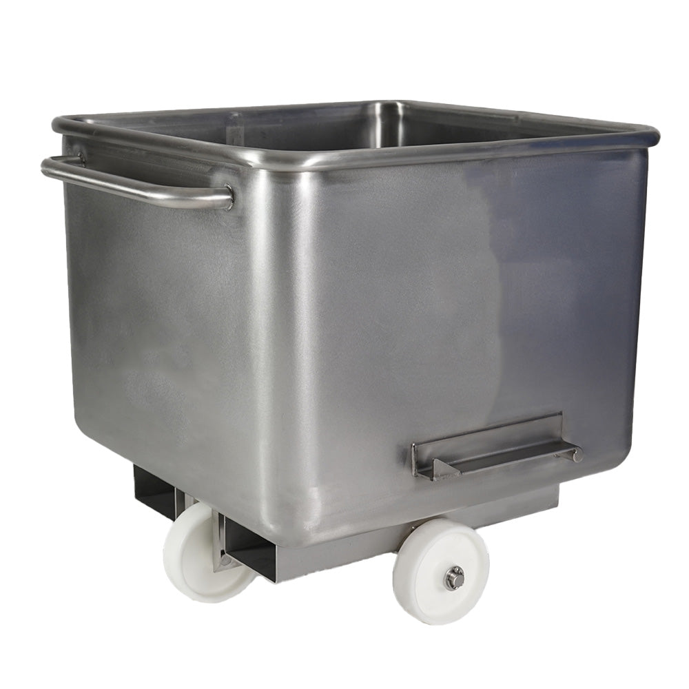 Stainless steel tote bin with forklift channels