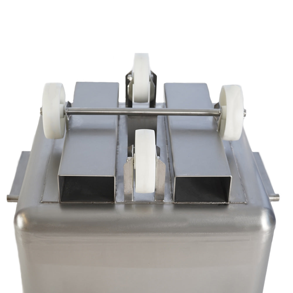 Stainless steel tote bin with hinged lid and forklift channels