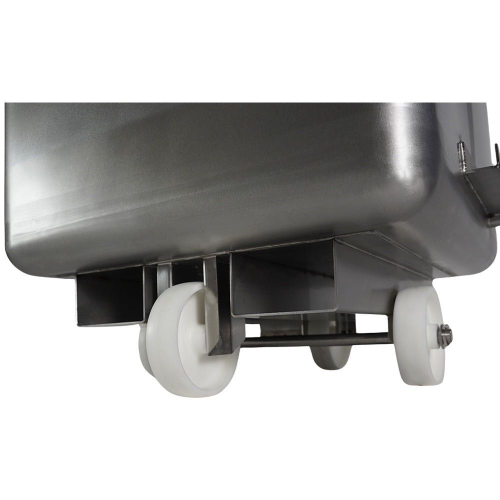 Stainless steel tote bin with hinged lid and forklift channels