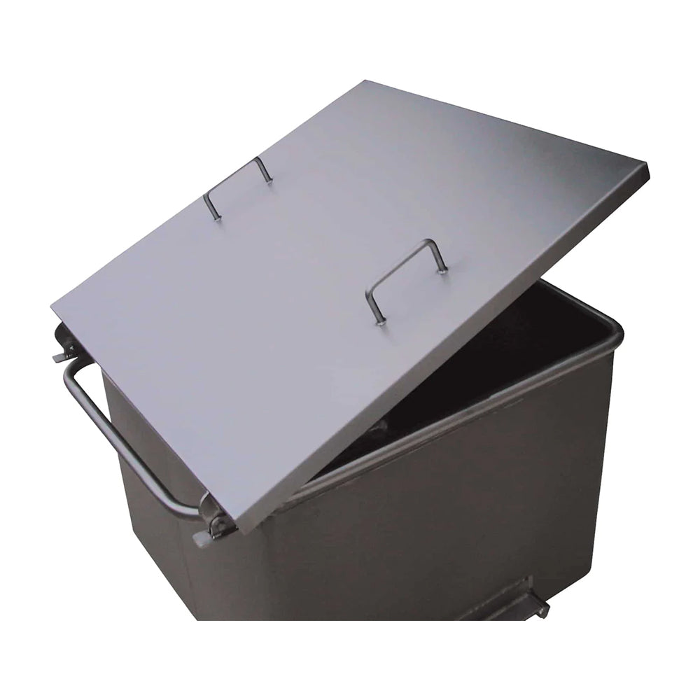 Stainless steel tote bin with hinged lid and forklift channels