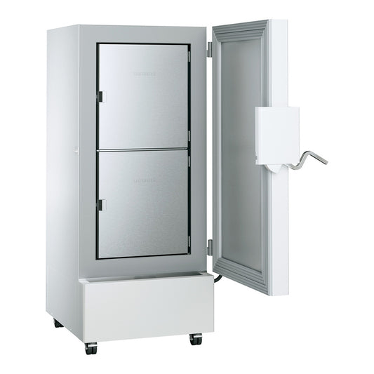 Laboratory freezer with open main door and closed 2 inner compartment doors