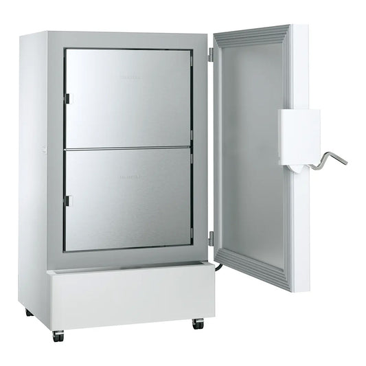 Laboratory freezer with open main door and closed 2 inner compartment doors