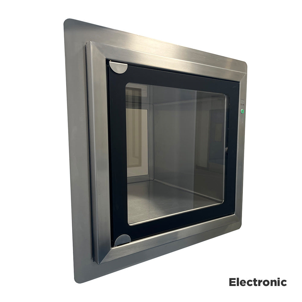Stainless steel transfer hatch with mechanical interlocking doors
