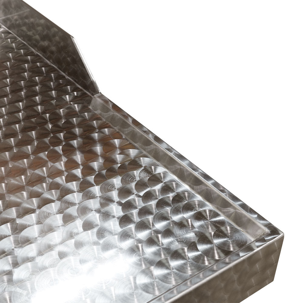 Stainless steel circular polished table with solid undershelf, upstand and outlet