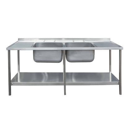 Stainless steel double bowl sink with drainer and under shelf