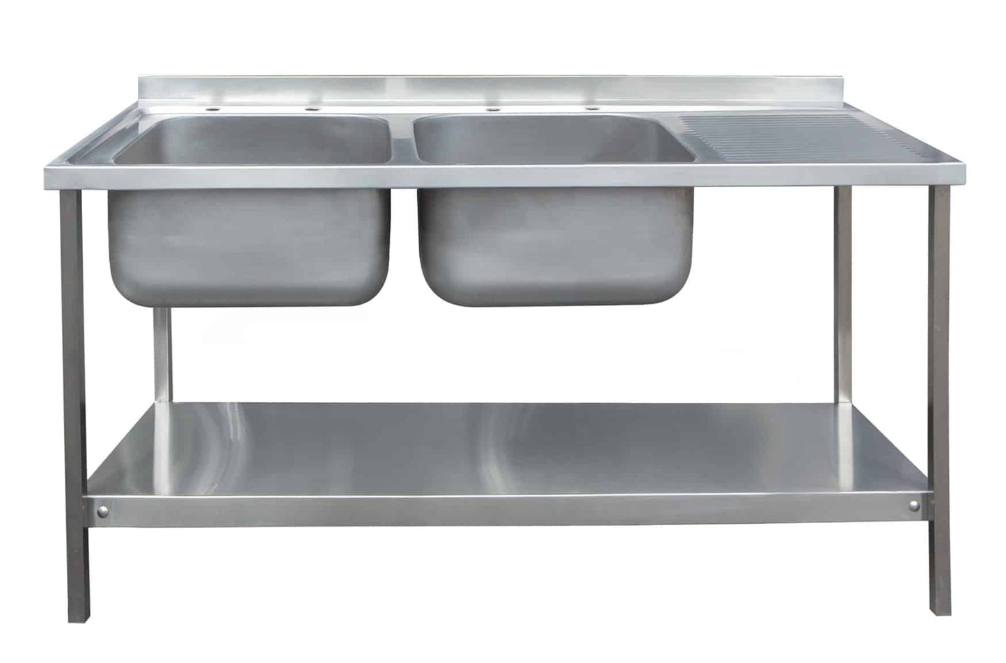 Stainless steel double bowl sink with drainer and under shelf