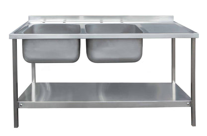 Stainless steel double bowl sink with drainer and under shelf