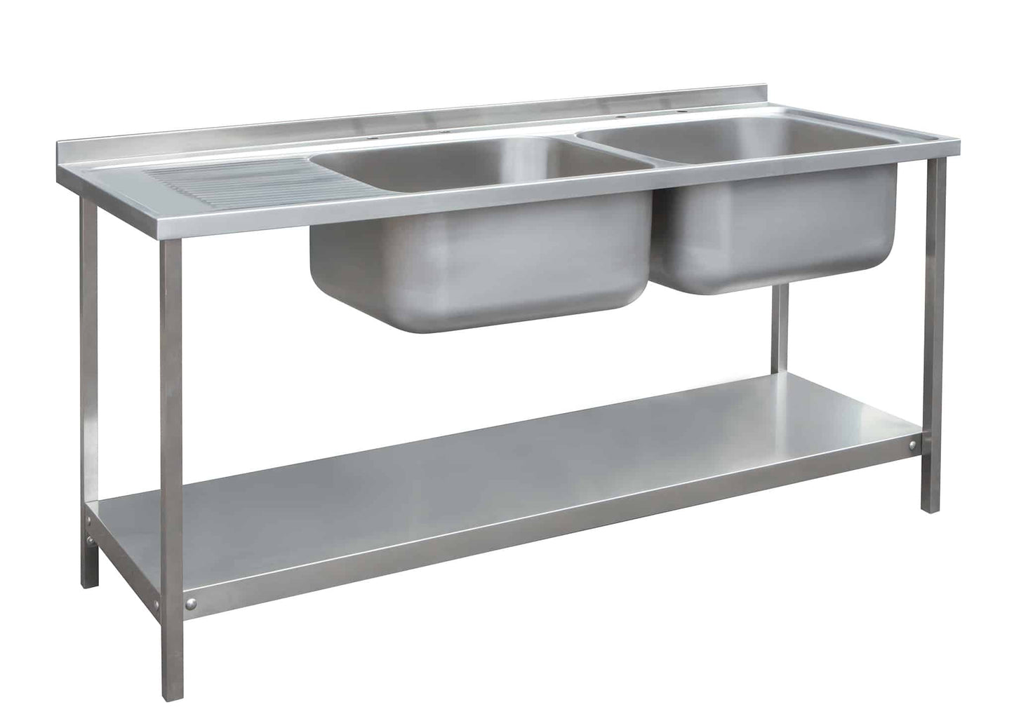 Stainless steel double bowl sink with drainer and under shelf