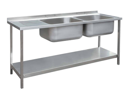 Stainless steel double bowl sink with drainer and under shelf