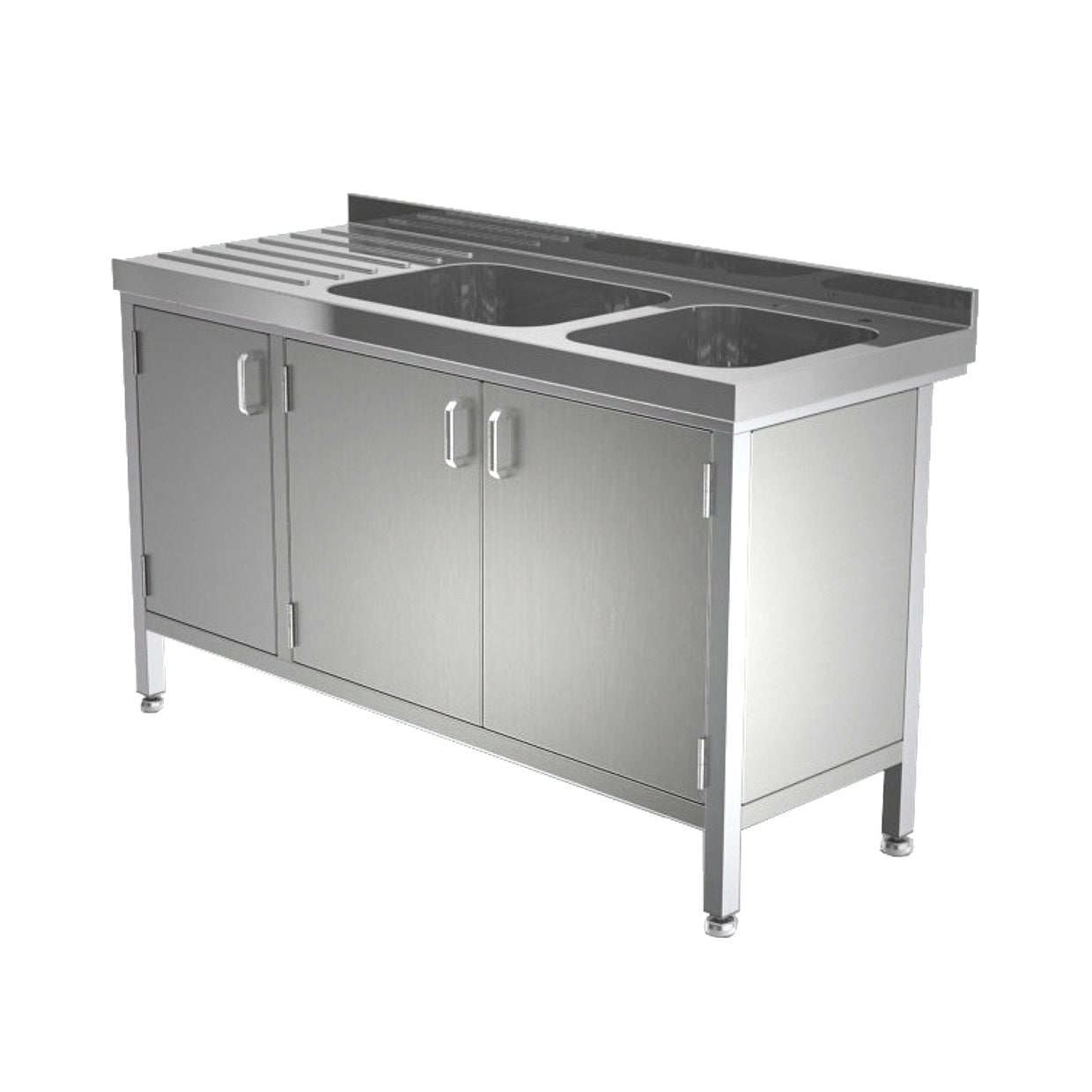 Stainless steel double bowl sink with cupboard