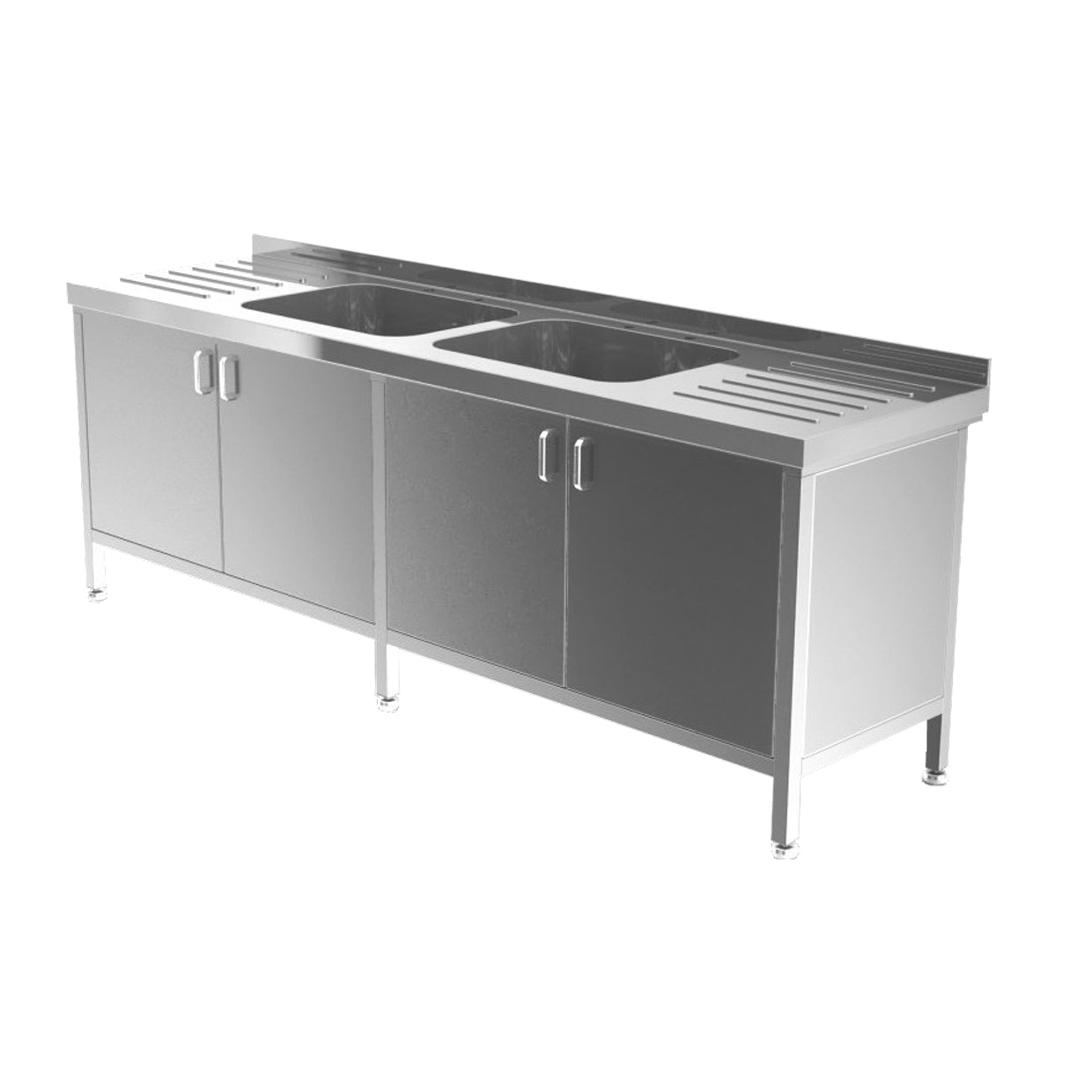 Stainless steel double bowl sink with cupboard