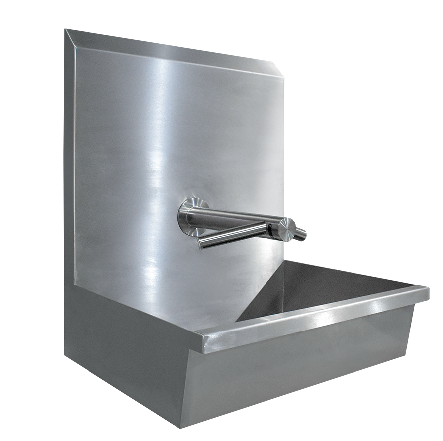 Stainless steel two station wash trough with Dyson Airblade wash + dry tap