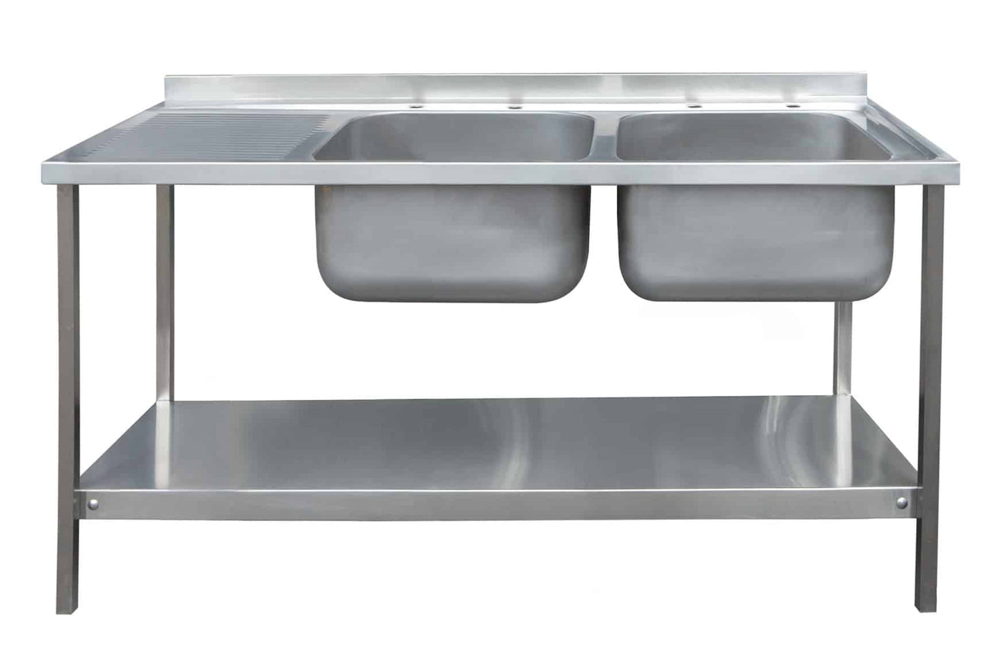 Stainless steel double bowl sink with drainer and under shelf
