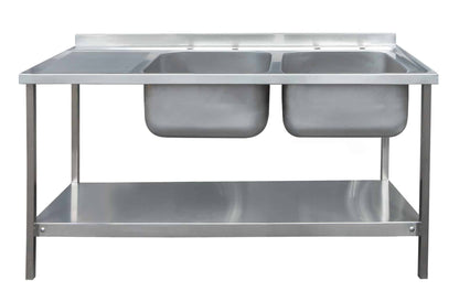 Stainless steel double bowl sink with drainer and under shelf