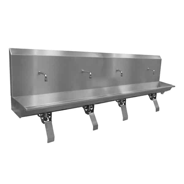 Stainless steel four station knee operated wash trough