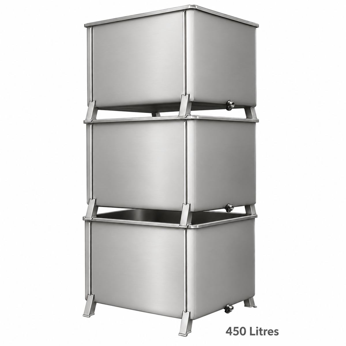 Stack of three 450 litre stainless steel containers on raised frames, one above the other