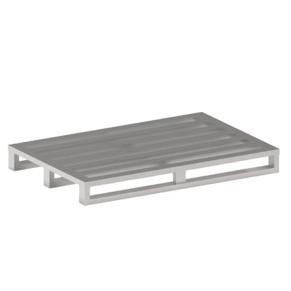 Stainless steel industrial pallet with an open slatted deck and skid supports