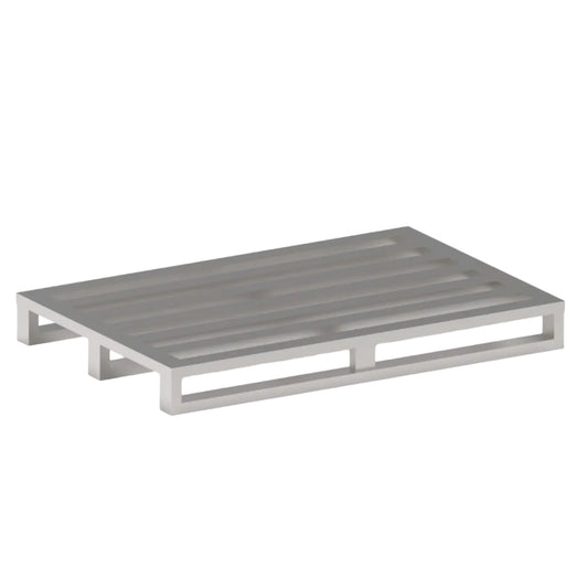 Stainless steel industrial pallet with an open slatted deck and skid supports