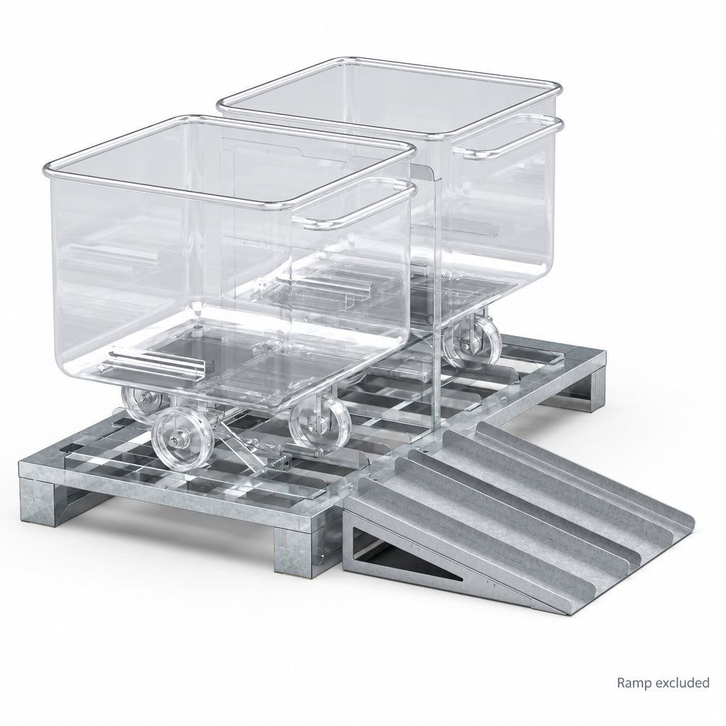 Transparent render of two tote bins on a stainless steel transfer pallet with ramps.