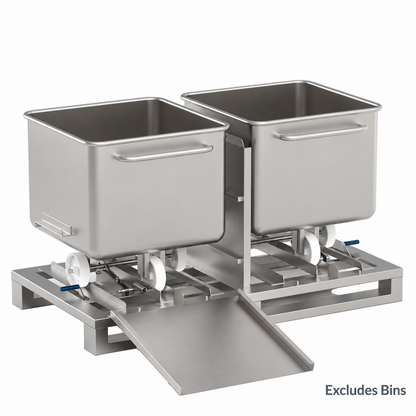 Stainless steel tote bin transfer pallet holding two stainless steel tote bins, with a ramp at the front