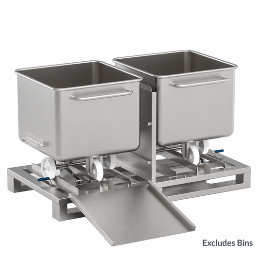 Stainless steel tote bin transfer pallet holding two stainless steel tote bins, with a ramp at the front