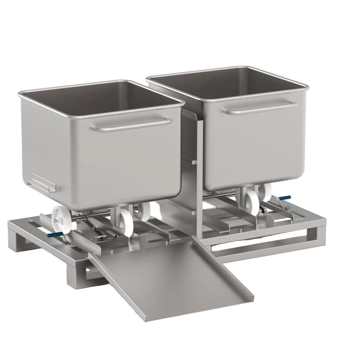 Two tote bins on a stainless steel transfer pallet with a smooth loading ramp