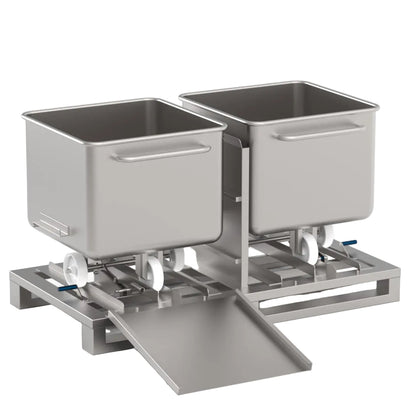 Two tote bins on a stainless steel transfer pallet with a smooth loading ramp