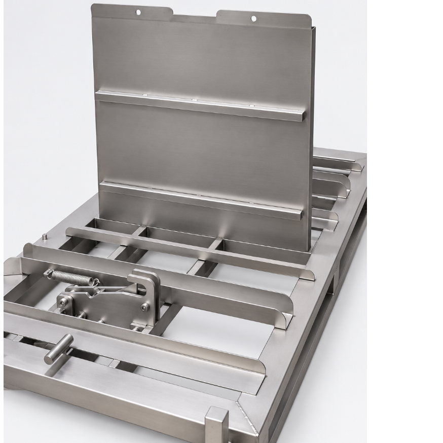 Stainless steel tote bin transfer pallet frame and locking mechanism, close view